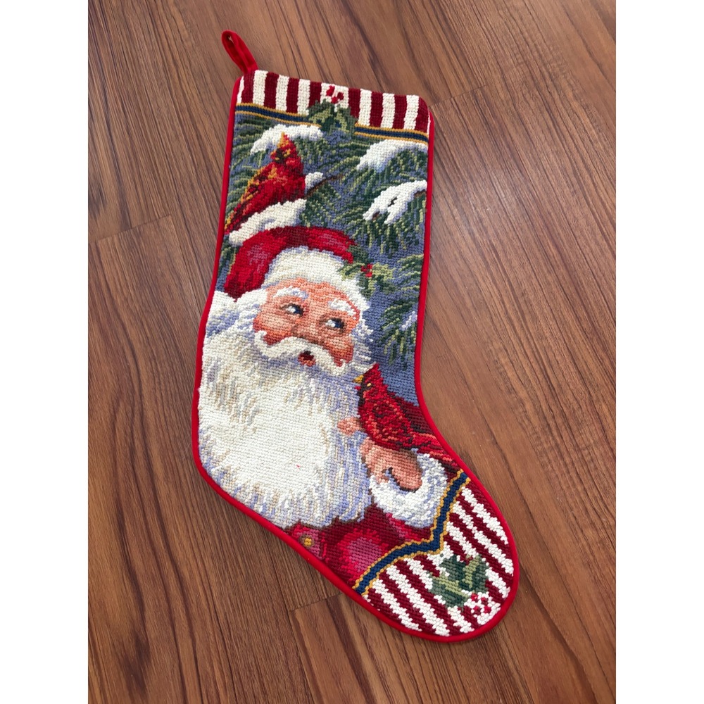 Needlepoint Christmas stocking Santa with birds red velvet backing